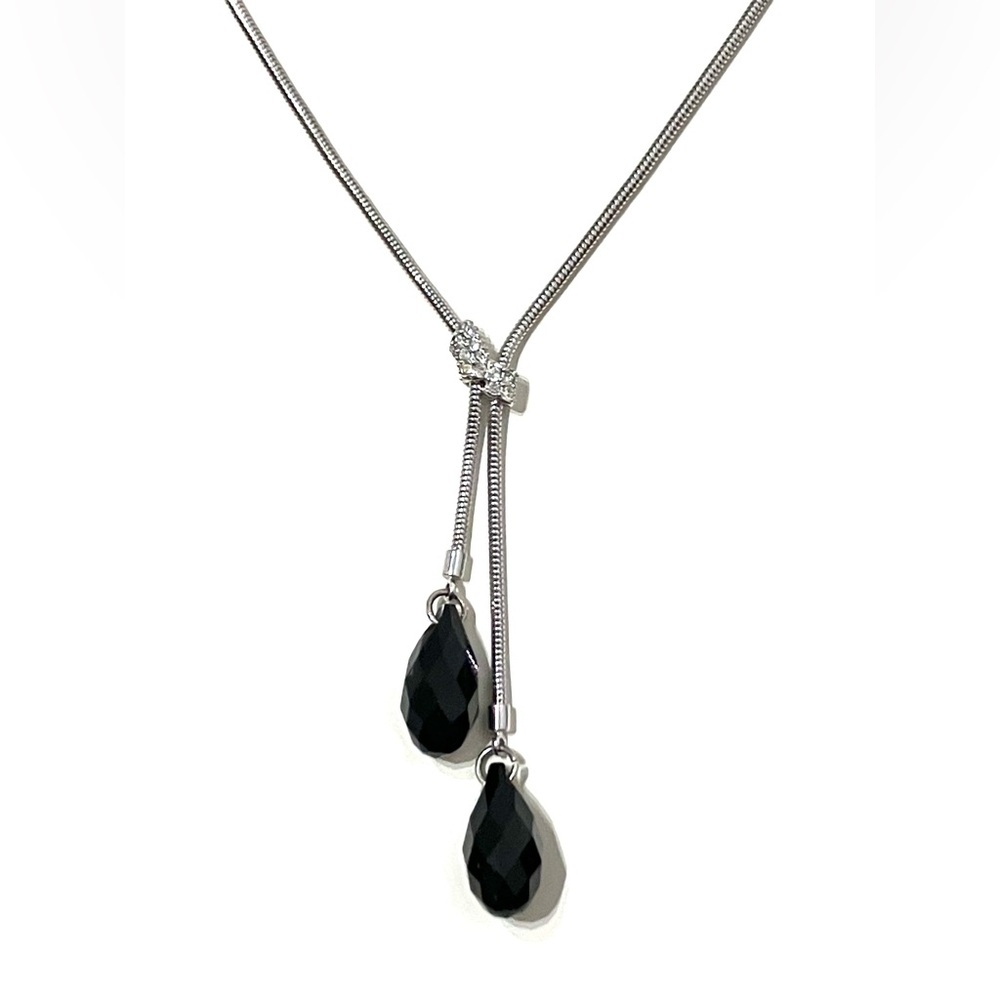 Swarovski Black Crystal Silver Lariat Necklace 15.5”